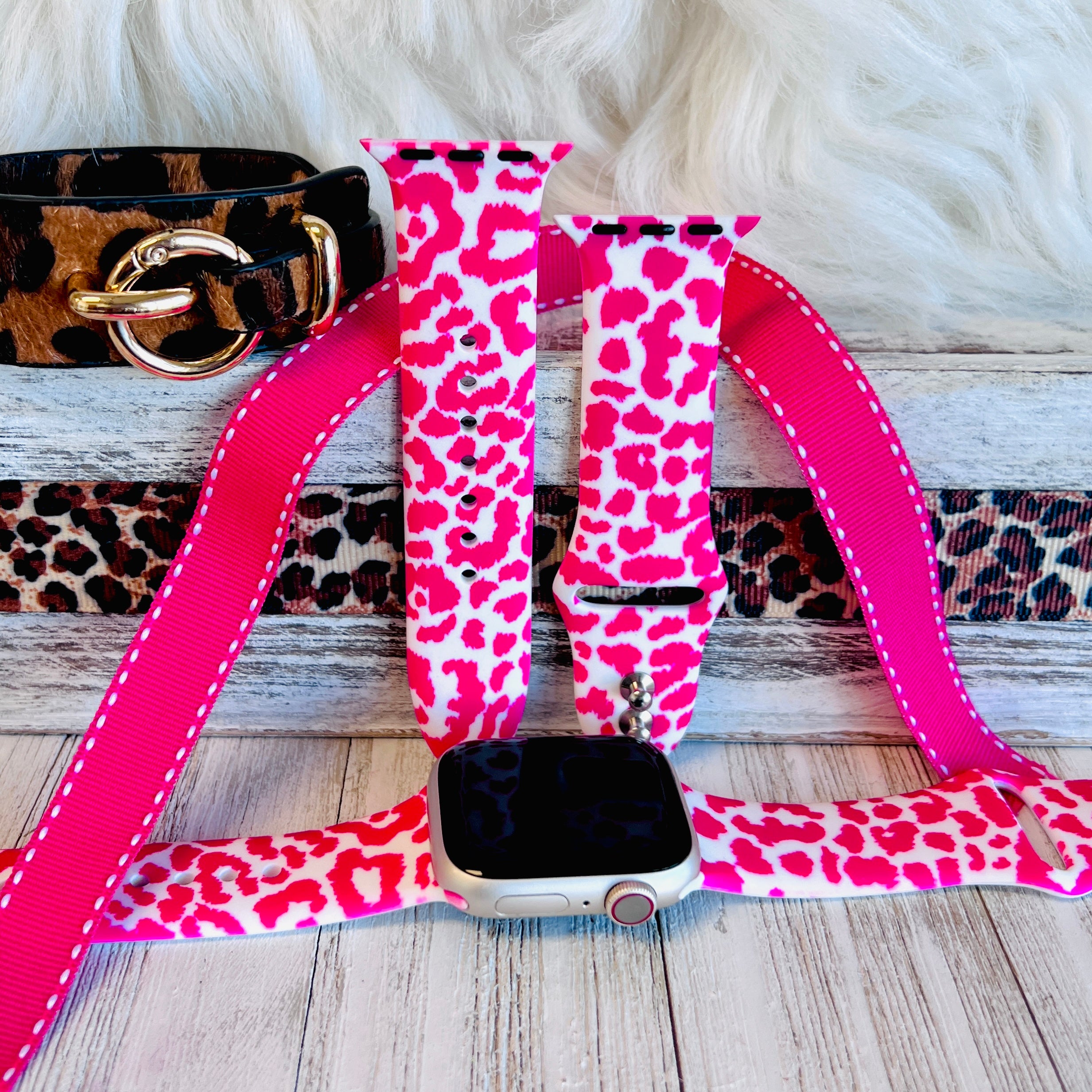 Pink leopard cheetah leather Apple good Watch band similiar to spark’l