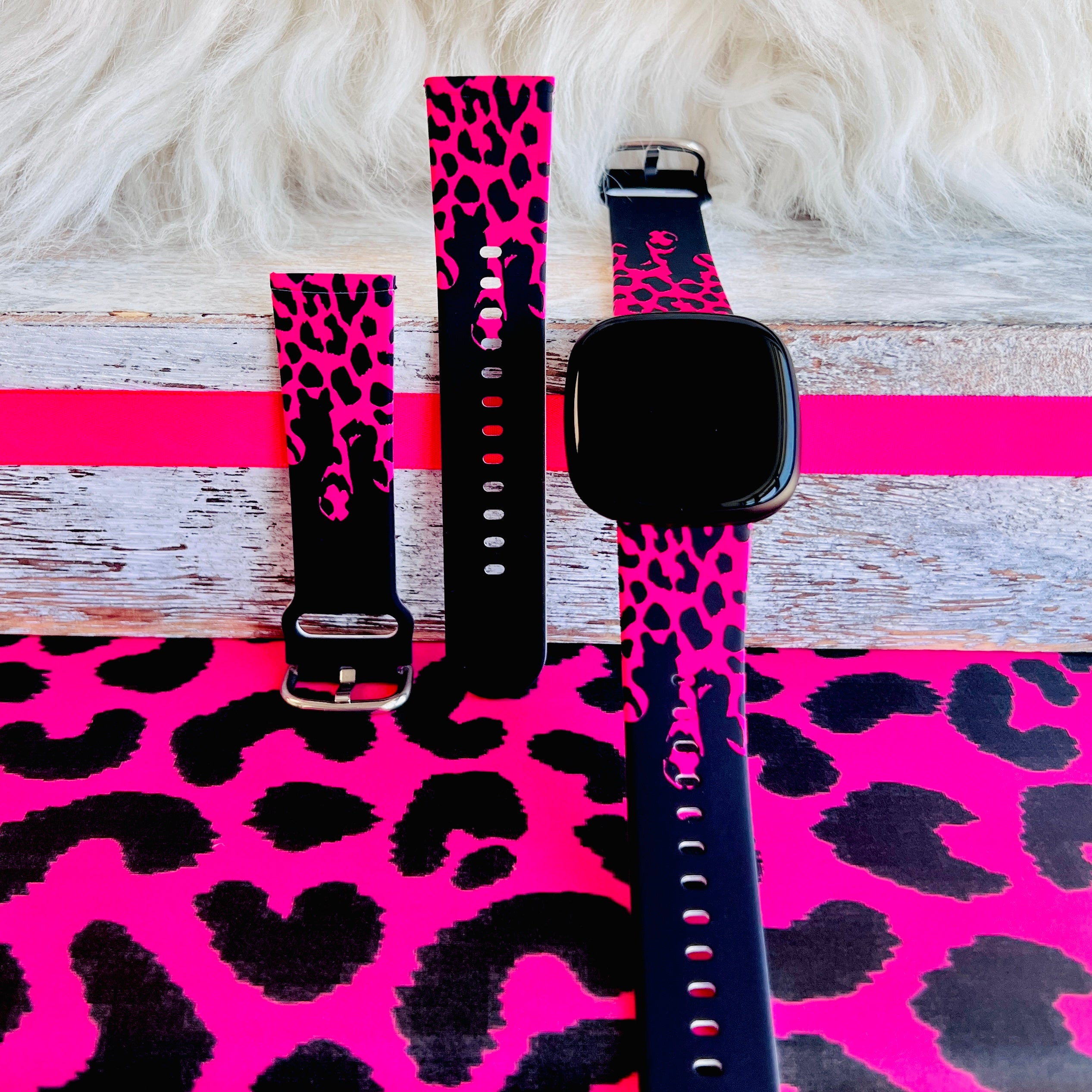 Hot Pink Black Leopard Drip Print Silicone Band For Fitbit Versa 3 4 S Fancy Bands