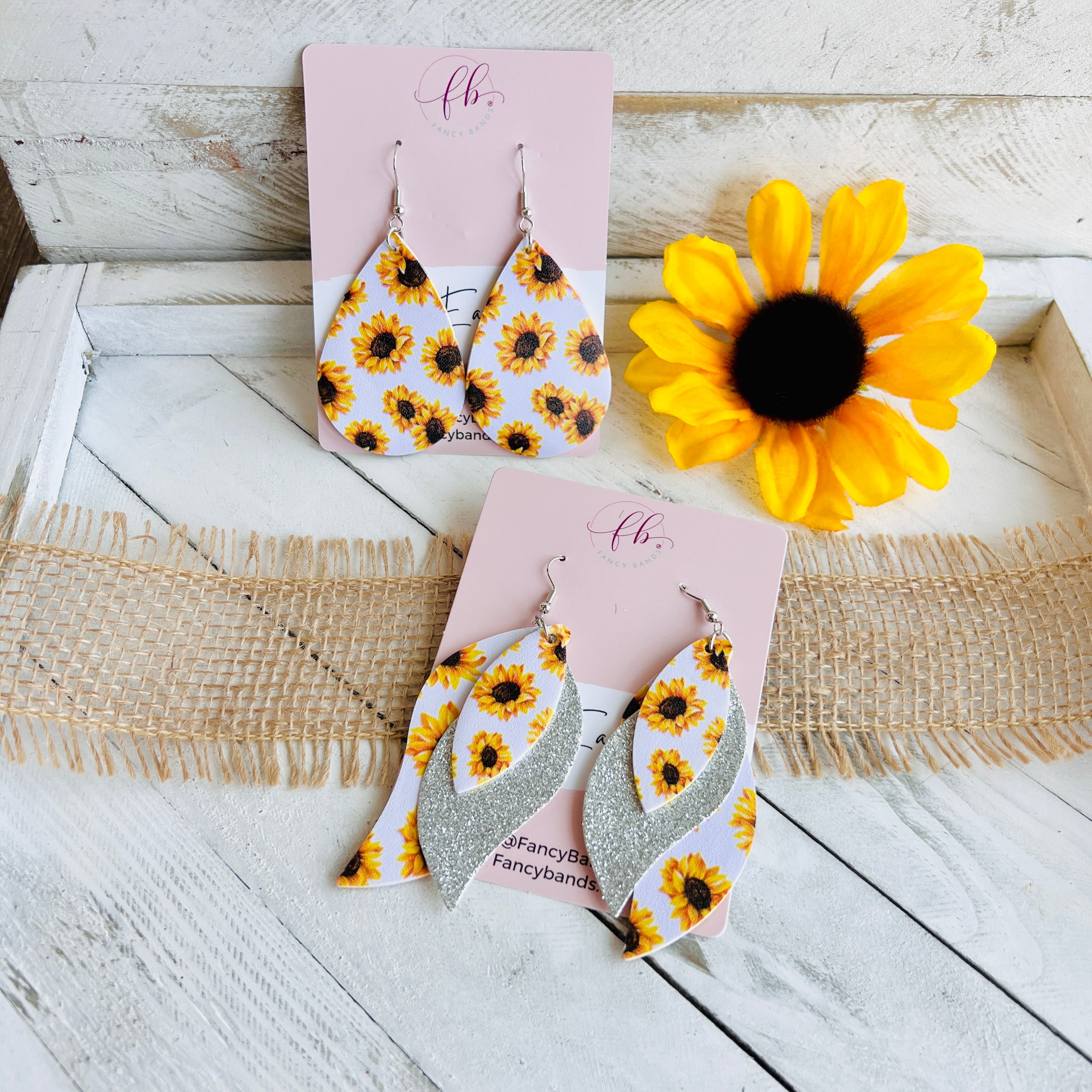 Fancy Bands Sunflower White Background Faux Leather Teardrop Ear Bling Two Styles Available Triple Layer Teardrop