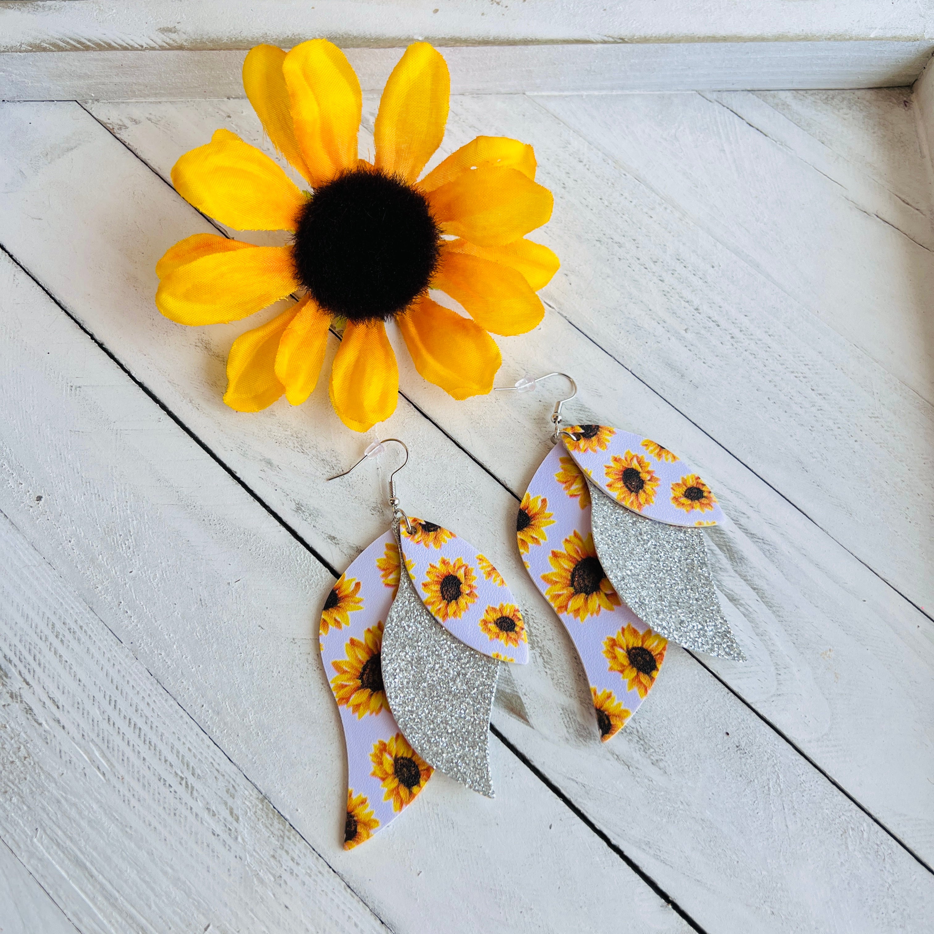 Fancy Bands Sunflower White Background Faux Leather Teardrop Ear Bling Two Styles Available Triple Layer Teardrop