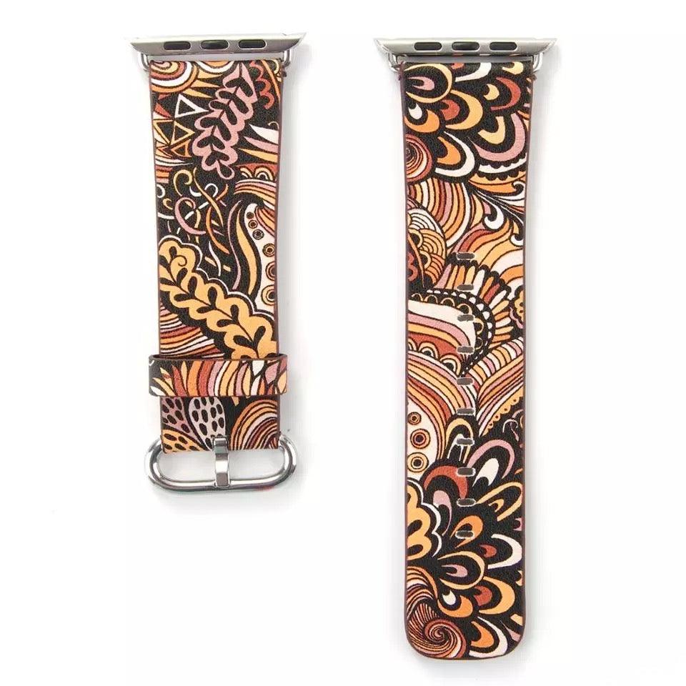 Fancy Paisley Print Leather Bands for Apple Watch Multiple Colors Available 38mm/40mm/41mm / Black/Silver