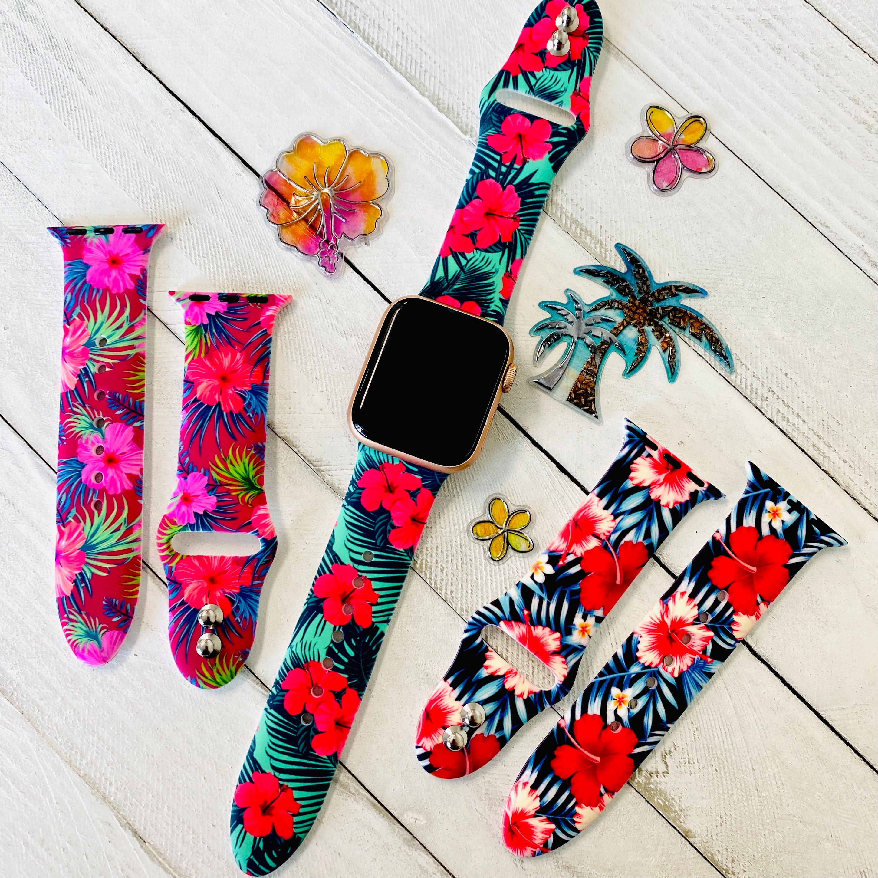 Hibiscus Print Silicone Band For Apple Watch Multiple Colors