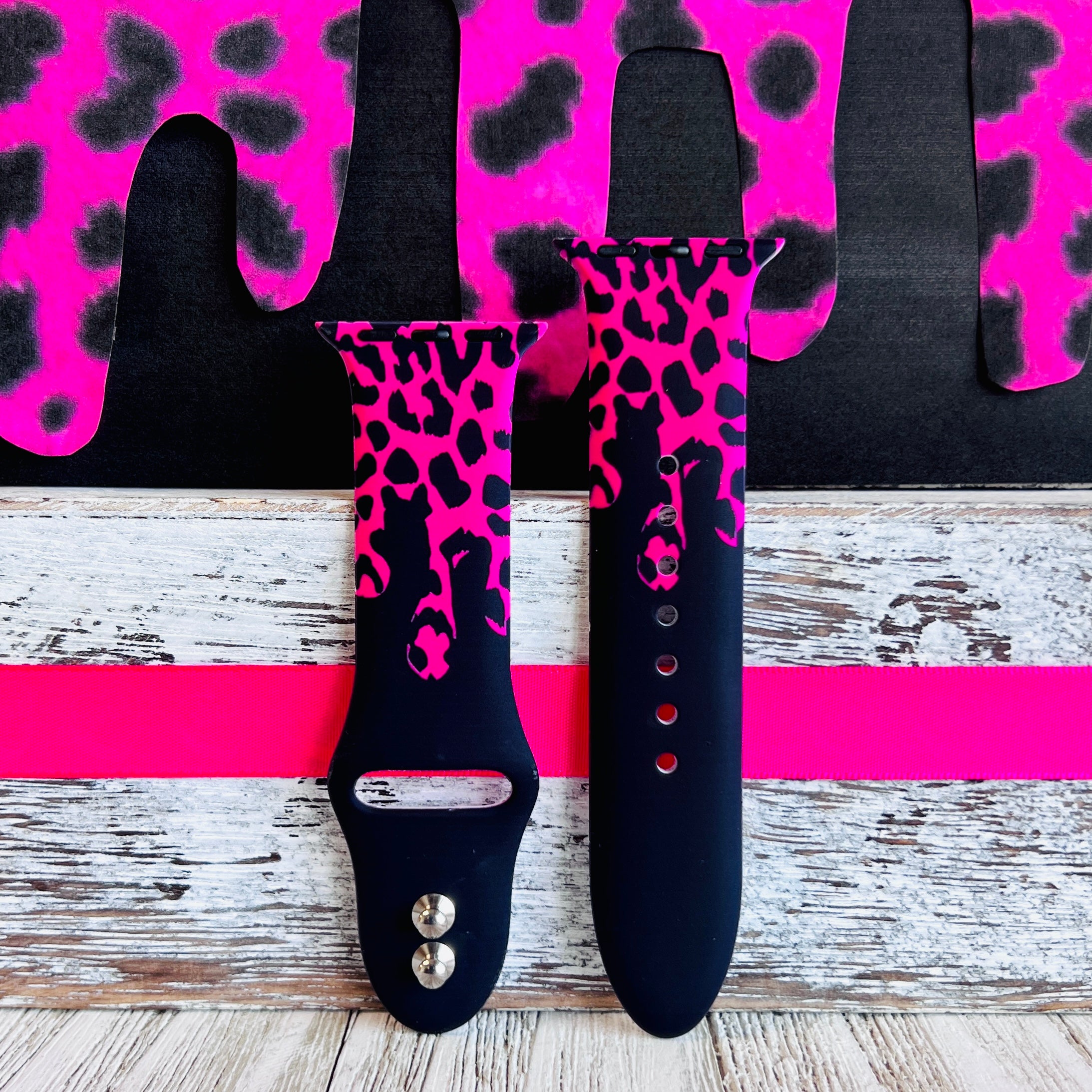 Hot Pink Black Leopard Drip Print Silicone Band For Apple Watch